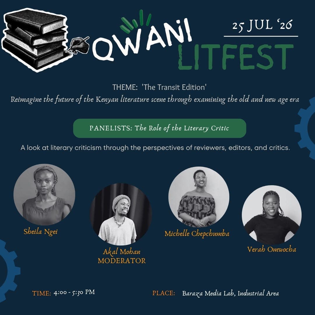 Qwani LitFest poster: Panellists for The Role of the Literary Critic